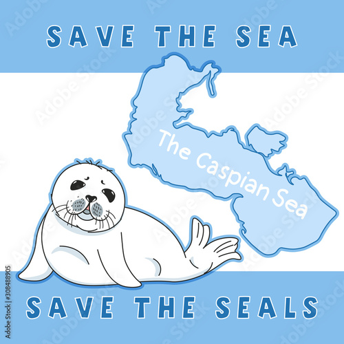 Photography cute fur seal, save the seals slogan, baby nerpa on caspian sea background, anim