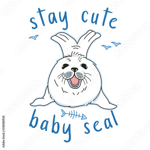 cute kawaii fur seal, stay cute slogan, isolated baby nerpa on white background with doodle elements, animal extinction problem, Red List, editable vector illustration for print, poster, card, banner