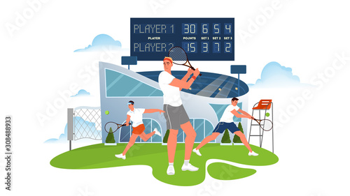 Tennis player holding a racket on tennis court. Tennis player training.