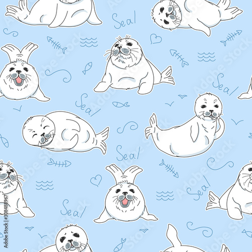 cartoon drawing kawaii fur seals, baby nerpas seamless pattern, on blue background with doodle elements, cute wild red list animals, editable vector illustration for kids fabric, textile, paper, decor