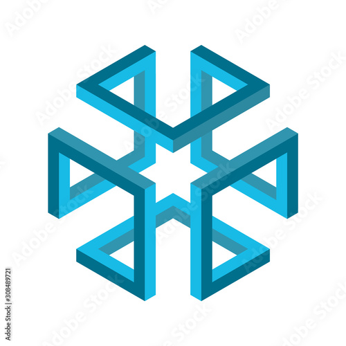 Isometric cube figure. Impossible shape. 3D cube. Blue infinite box figure. Abstract geometric object. Hypercube. Impossible endless rectangle. Isometric geometry symbol on white background. Vector.