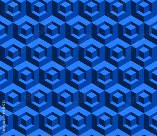 3D cube seamless pattern. Blue geometric shapes abstract background. Technology pattern backdrop. Isometric box wallpaper. Seamless cubical art. Cube in a cube illusion. Vector illustration, clip art