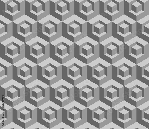 3D cube seamless pattern. Gray geometric shapes abstract background. Technology pattern backdrop. Isometric box wallpaper. Seamless cubical art. Cube in a cube illusion. Vector illustration, clip art