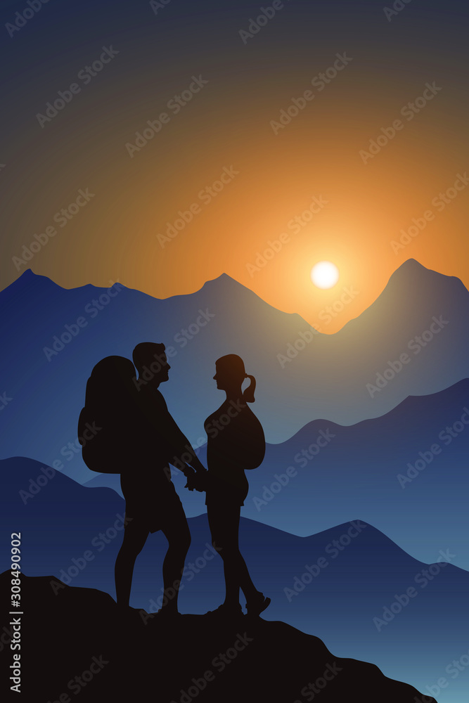 Couple of hikers with a backpacks holding hands against sunrise in a mountains. Travel and adventure concept. Vector illustration.