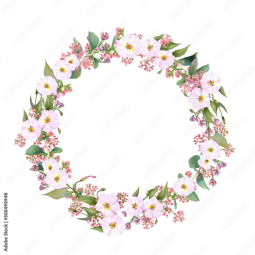 Hand drawn watercolor wreath with picturesque herbs, leaves and bloomy bindweed isolated on a white background. Ideal for creating  invitations, greeting cards. Floral illustration.Botanic composition