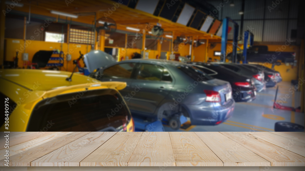 Auto repair service center with wooden tabletop space Auto repair service center with wooden tabletop space