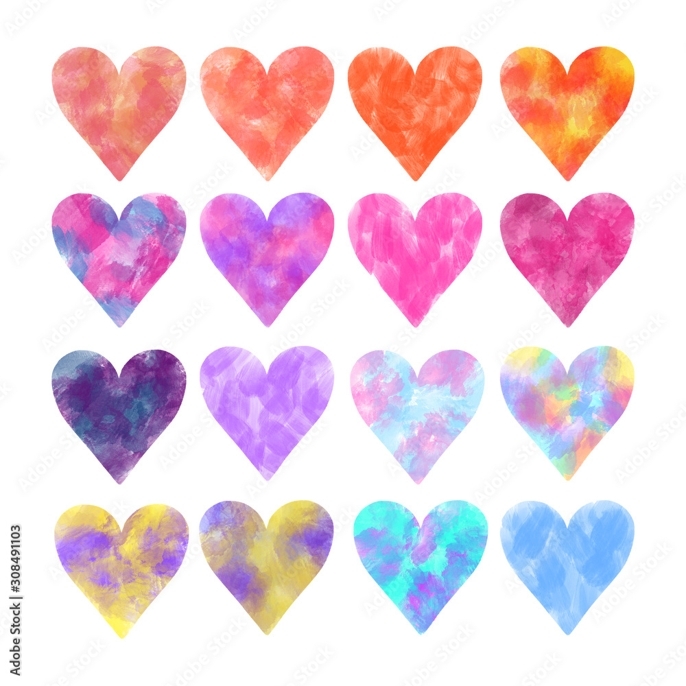 Collection of creative colorful watercolor hearts, hand drawn isolated on a white background