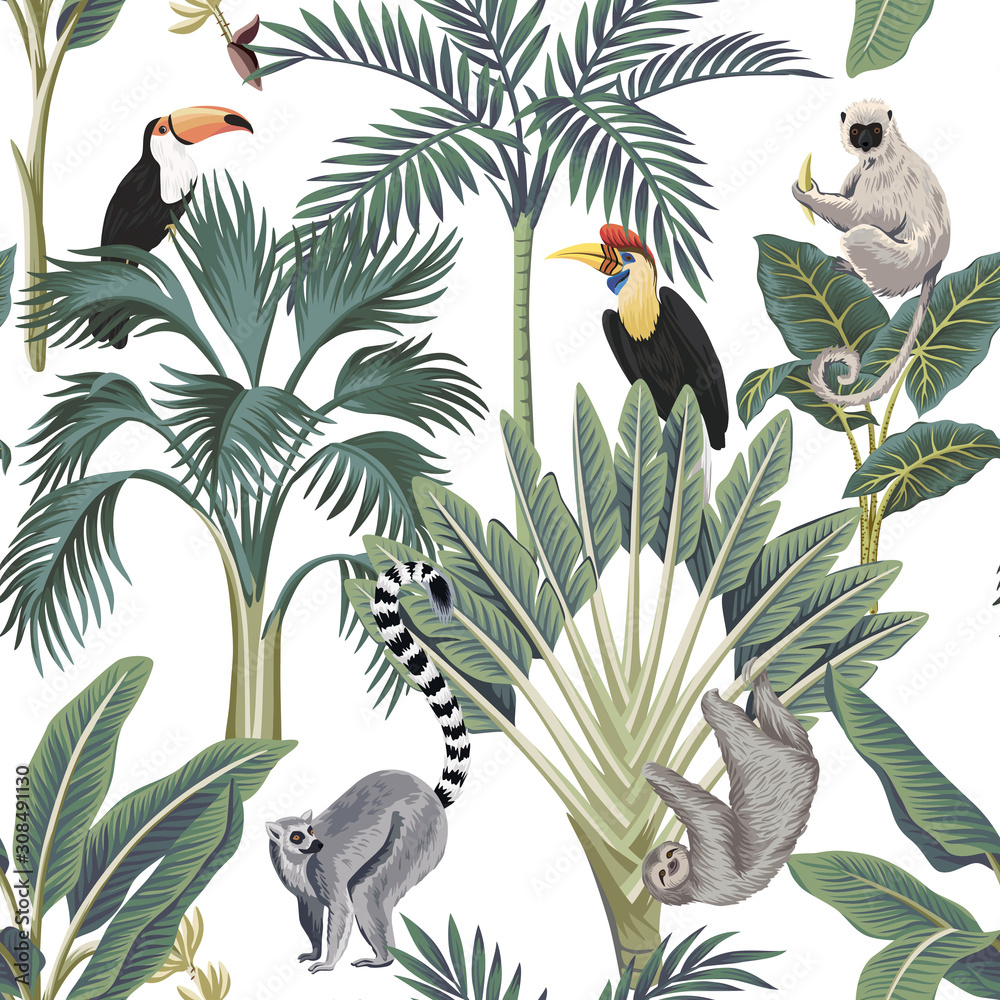 Tropical vintage wild animals, toucan, palm trees, banana tree floral seamless pattern white background. Exotic botanical jungle wallpaper.