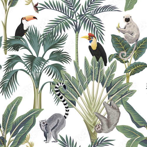 Tropical vintage wild animals, toucan, palm trees, banana tree floral seamless pattern white background. Exotic botanical jungle wallpaper.