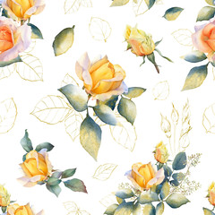 Fototapete Rosenmuster Aquarell Rosen mit goldenen Blättern  © Tatiana