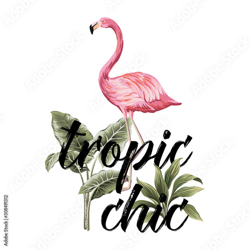 Pink flamingo, tropical plants illustration. Tropic chic slogan jungle composition.
