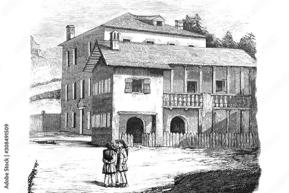 View of a farm - 1894 Vintage Engraved Illustration
