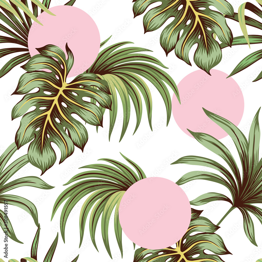 Tropical green palm leaves and monstera leaves seamless pattern pink rounds background. Exotic jungle wallpaper.