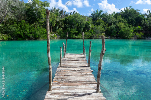 Obraz na płótnie Cozumel, Quintana Roo / Mexico - 11 07 2019: Bridge over Clear Blue Water in Chankanaab Beach Adventure Park, Cozumel, Quintana Roo, Mexico w salonie