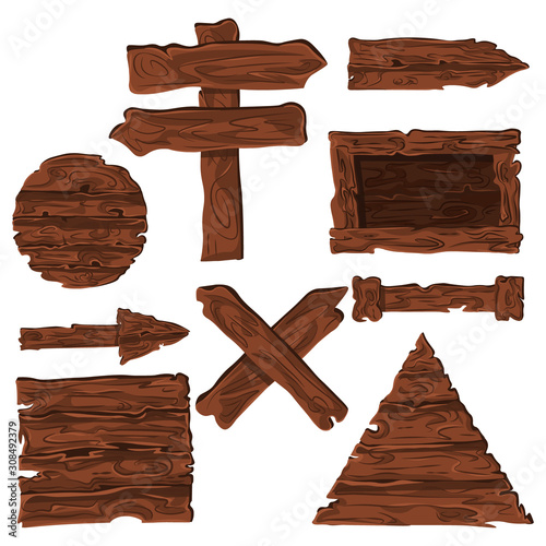 Wooden banners. Set consists of empty wood signboards and pointing arrows. Isolated on white background. Blank or empty, clear isolated wooden planks or signboards. Cartoon style, freehand drawing