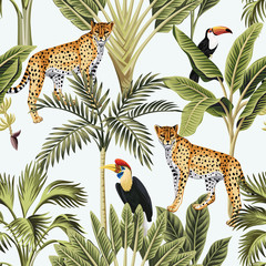 Handdoek met foto Afrikaanse dieren patronen Tropical vintage banana tree, palm tree, leopard animal, toucan, parrot floral seamless pattern white background. Exotic jungle wallpaper.  © good_mood