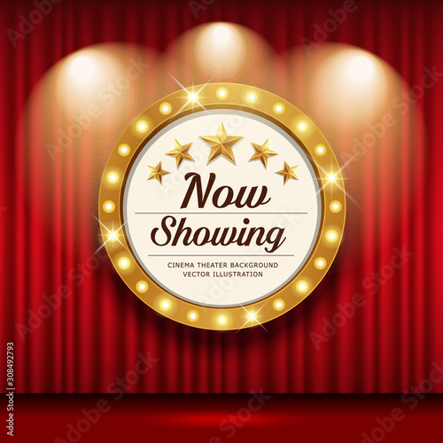 Cinema Theater vector and circle sign gold light up curtains red design background, illustration