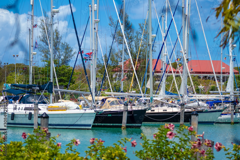 Jolly Harbour, St. Mary / Antigua - 05 15 2018: View of Yachts in Jolly Harbour, Antigua