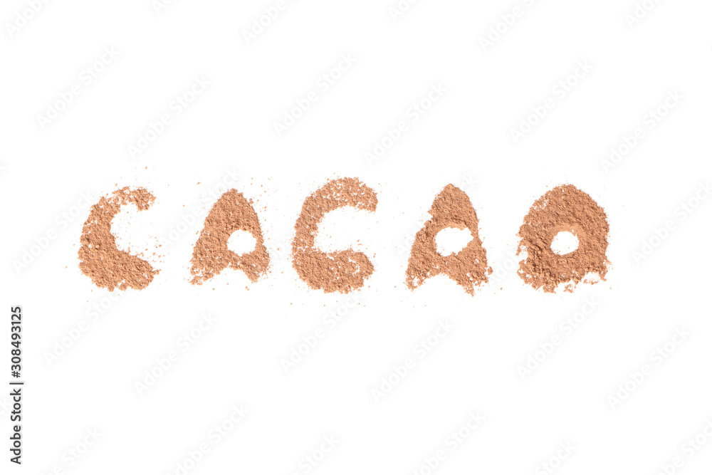 Inscription Cocoa made of cacao powder isolated on white background Inscription Cocoa made of cacao powder isolated on white background