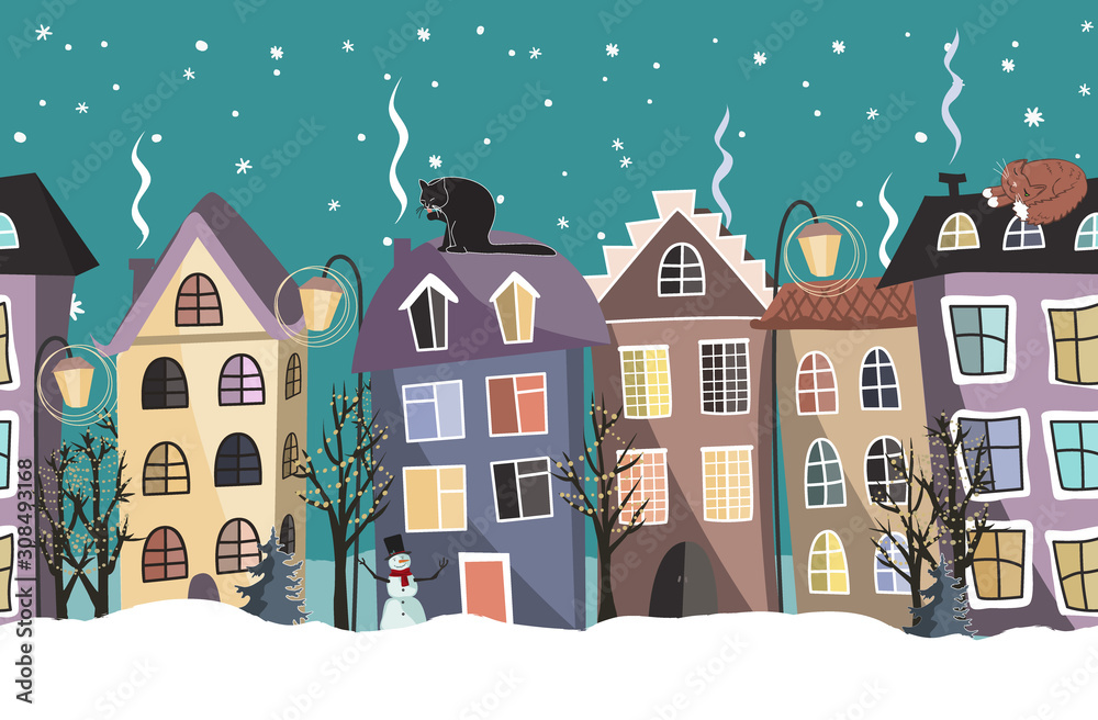 Seamless winter border with cute houses and trees. Christmas vector background