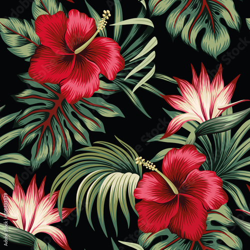 Tropical vintage red hibiscus and strelitzia floral green palm leaves seamless pattern black background. Exotic jungle wallpaper.