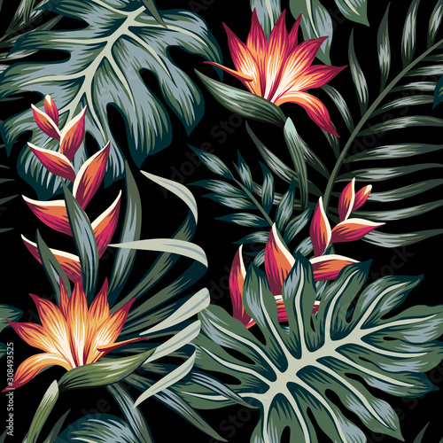 Tropical strelitzia floral palm leaves seamless pattern black background. Exotic jungle wallpaper.