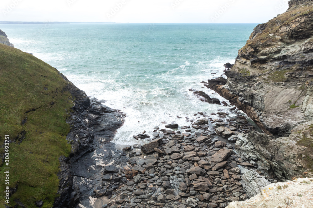 Tintagel, Cornwall / UK - 09 28 2019: View over the sea from Tintagel, Cornwall