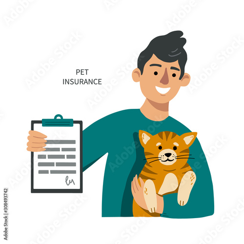 Man with a cat shows pet insurance blank. Happy male with kitten on his hands. Cartoon flat vector illustration on a white background. Pet insurance consept with a space for text.