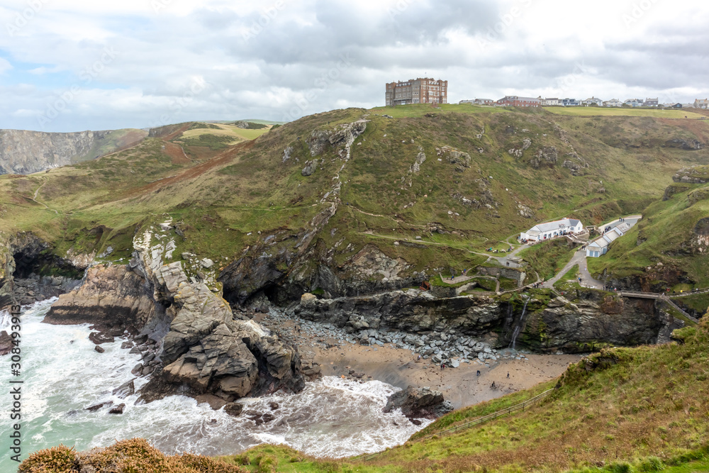 Tintagel, Cornwall / UK - 09 28 2019: View over the sea from Tintagel, Cornwall