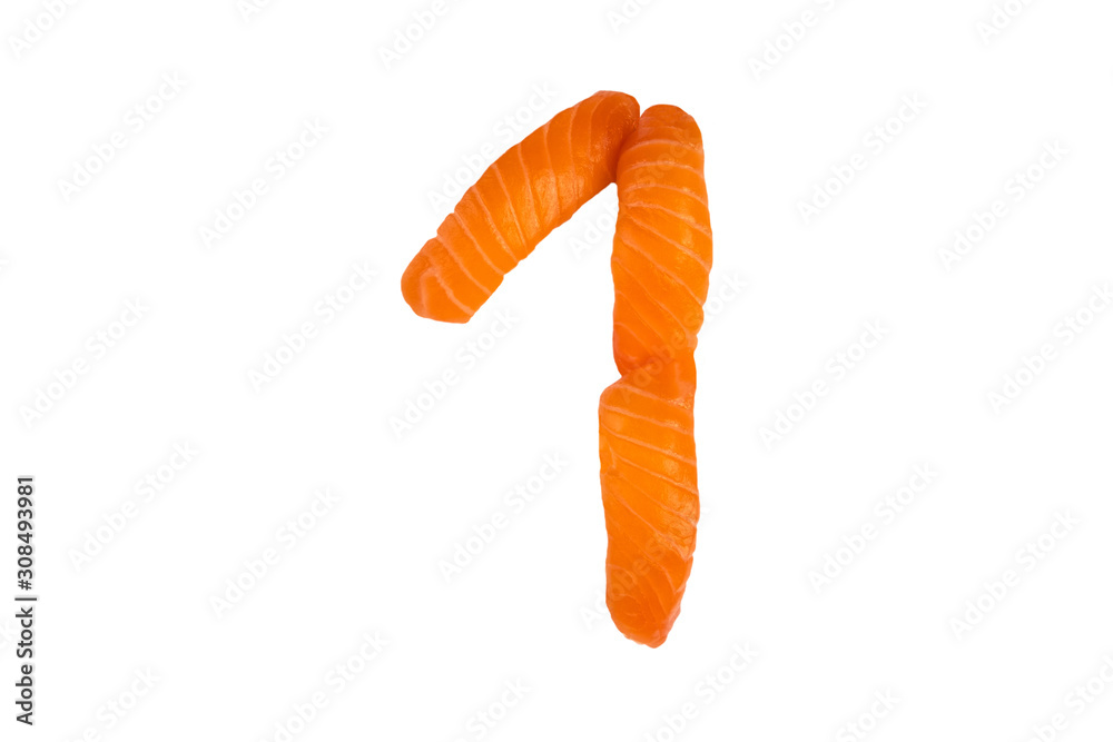Sushi alphabet number one isolated on white background. Number