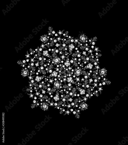 Flowers composition. Print. Wreath made of various colorful flowers on black background. Easter, spring, summer concept. Flat lay, top view, copy space