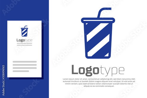 Blue Glass with water icon isolated on white background. Soda drink glass with drinking straw. Fresh cold beverage symbol. Logo design template element. Vector Illustration