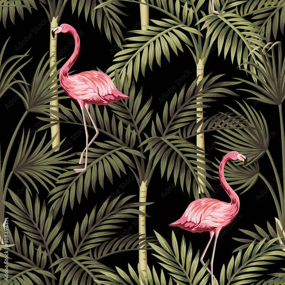 Fototapeta premium Tropical vintage pink flamingo and palm trees floral seamless pattern black background. Exotic jungle wallpaper.