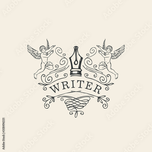 Hand-drawn vector logo, icon, vignette or label for writer with nib, angels and curlicues