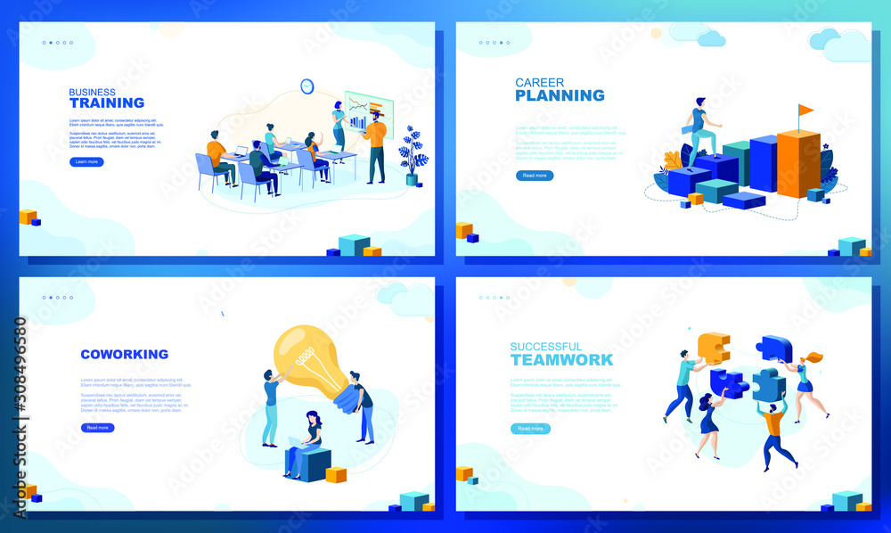 Trendy flat illustration. Set of web page concepts. Business training. Career planning. Coworking. Successful teamwork. Template for your design works. Vector graphics.