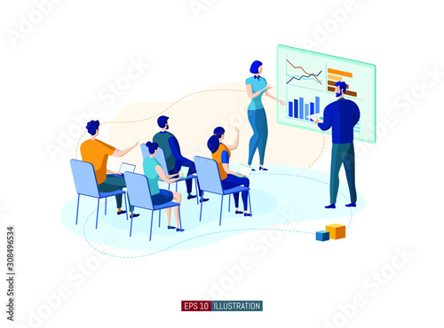 Trendy flat illustration. Business brief, presentation or training. Teamwork metaphor. Education. Learning. Knowledge. Template for your design works. Vector graphics.
