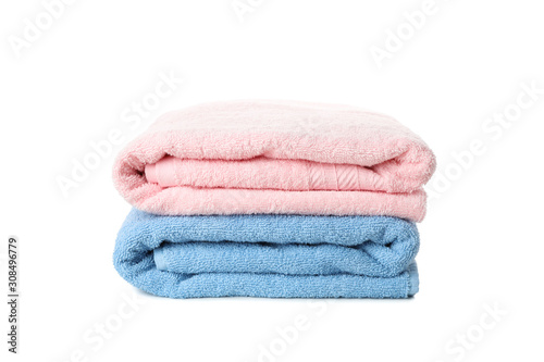 Stack of color towels isolated on white background