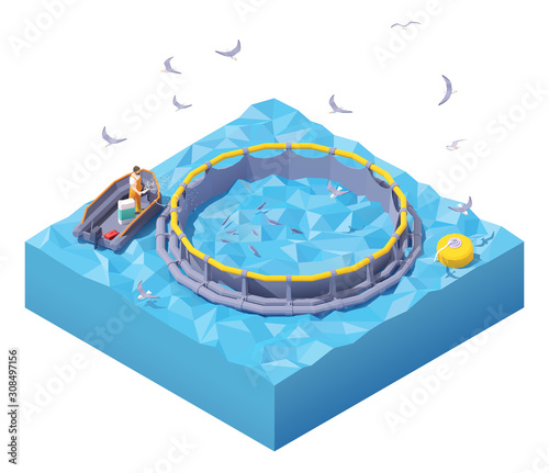 Vector isometric feeding fish at fish farm. Fish farm worker in inflatable boat feeding fish throwing fish food into floating round fish cage in the sea