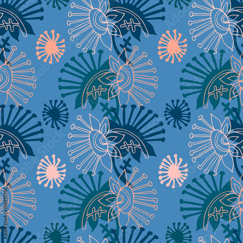 Modern seamless vector botanical with flower on a blue background. Can be used for printing on paper, stickers, badges, bijouterie, cards, textiles. 
