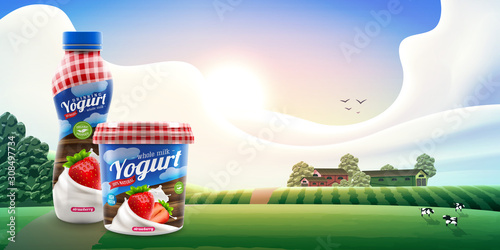 Strawberry Yogurt packaging design on rural outdoor background with trees and cows. Beverage vector illustration of yogurt bottle and pot placed together. Product branding or advertising design ready.