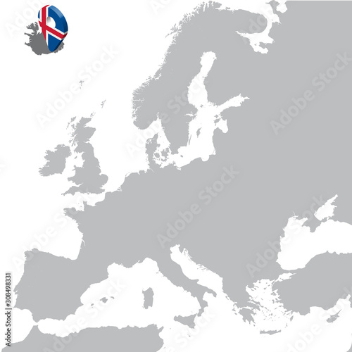 Iceland Location Map on map Europe. 3d Iceland flag map marker location pin. High quality map of Iceland. Europe.  Vector illustration EPS10.
