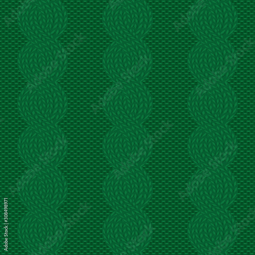 Seamless cable knit green pattern. Christmas background
