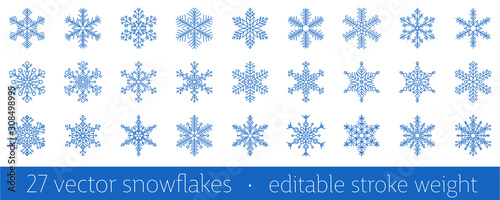 Set of 27 blue snowflake icon - a symbol of winter holidays, xmas and new year, cold weather and frost - isolated on white background. Elegant vector design element with editable stroke weight.
