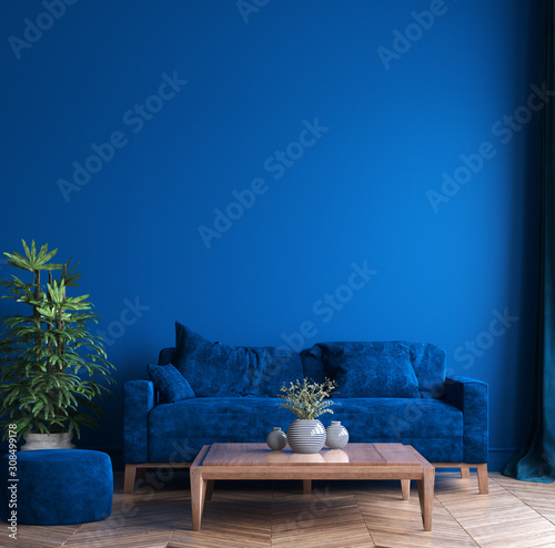 Fototapeta Naklejka Na Ścianę i Meble -  Modern interior of living room, concept of classic blue color of the year 2020 in interior, 3d render