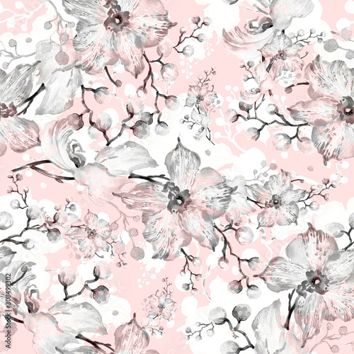  Seamless watercolor pattern of orchids with buds D