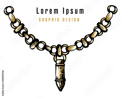 Sketch of tattoo style pendant with decorative bullet at gold chain.