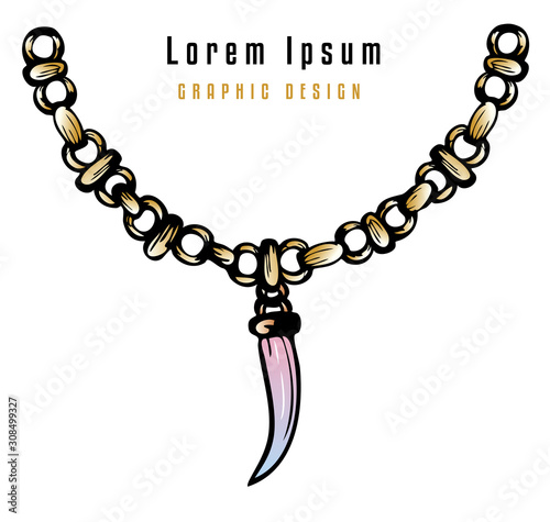 Sketch of vintage pendant with decorative canine tooth at gold chain.