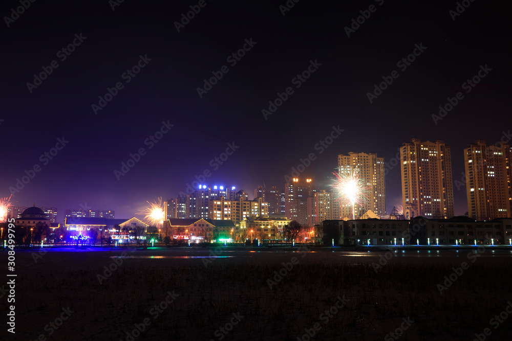 Night scenery of waterfront cities