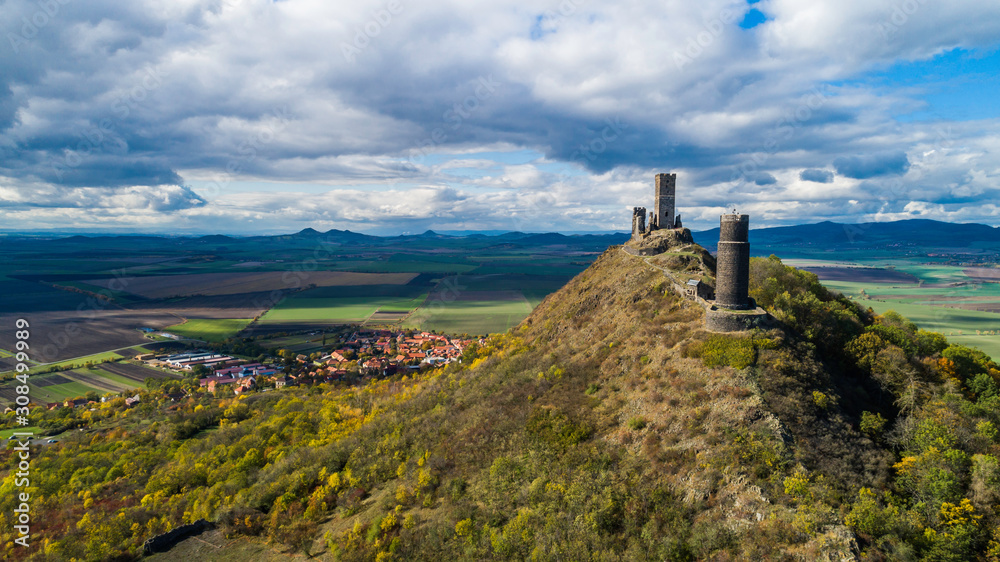 Castle Hazmburk. Ruines of Hazmburk castle on top of mountain peak of Ceske Stredohori range.  Medieval castle with views on czech countryside landscape near village Klapy, Libochovice, Czech Republic