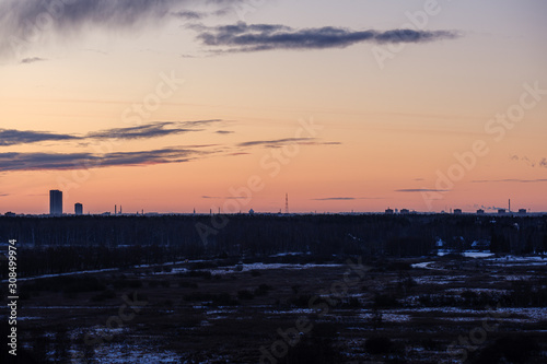 dramatic winter sunrise over city of Riga in Latvia © Martins Vanags